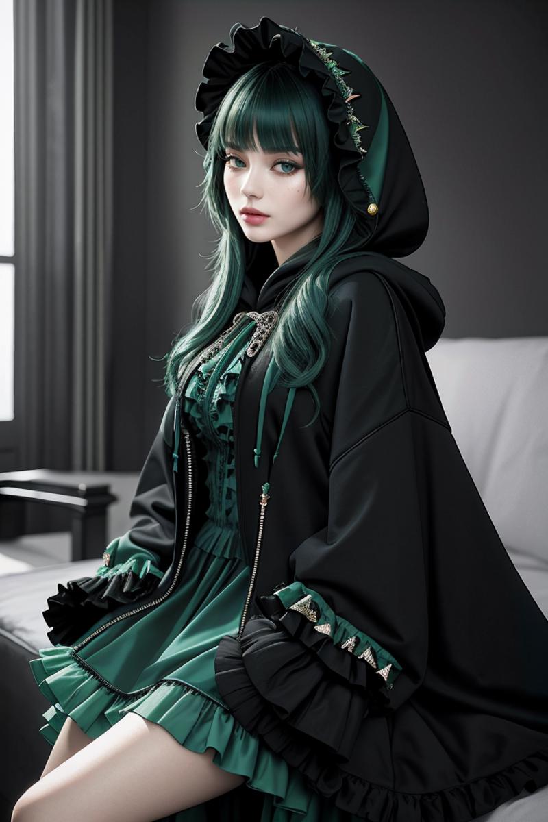 05084-3870410770-((Masterpiece, best quality,edgQuality))_((hoodie)),edgJG fashion, a woman in a ((designer dress)),green costume, frills ,wearin.png